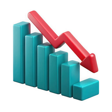 3d illustration of a 3d bar graph with a downwardpointing arrow isolated on transparent background