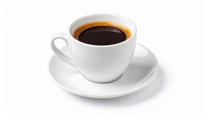 Obraz premium Hot black coffee in a white cup with saucer, isolated on white background, morning beverage concept