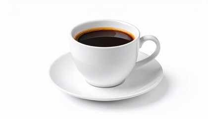 Obraz premium Hot black coffee in a white cup with saucer, isolated on white background, morning beverage concept