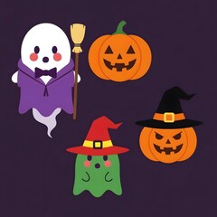 Adorable cartoon illustration set of cute Halloween characters, featuring friendly ghosts and spooky jack-o'-lanterns on a purple background.