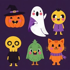 Cute Halloween character collection. Adorable illustrated set with a jack-o'-lantern, ghost, cat, skull, and spooky creatures for holiday design.