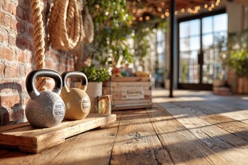 Stylish fitness studio with kettlebells and rustic decor featuring exposed brick walls, wooden flooring, and a cozy atmosphere ideal for workouts and wellness retreats