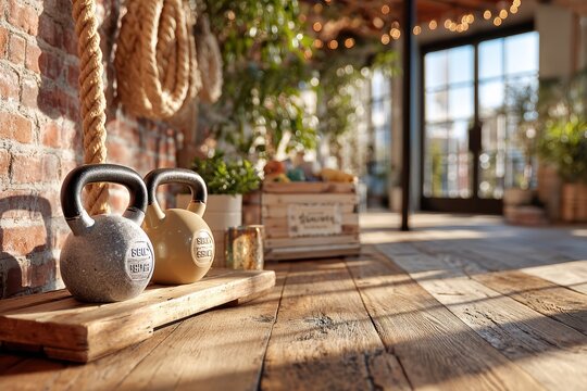 Stylish fitness studio with kettlebells and rustic decor featuring exposed brick walls, wooden flooring, and a cozy atmosphere ideal for workouts and wellness retreats
