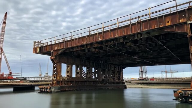 Rusty, weathered bridge over water, industrial decay, and time-worn structure.
