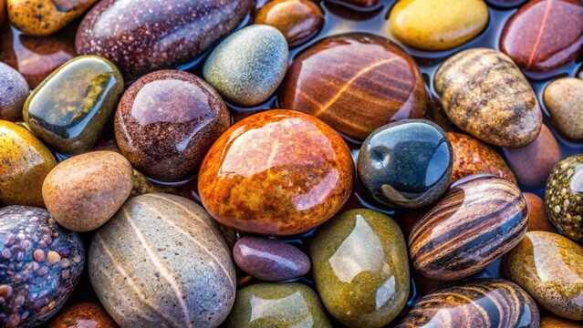 The image shows a collection of colorful, smooth, wet stones.  They are arranged in a close-up, and the texture of each stone is clearly