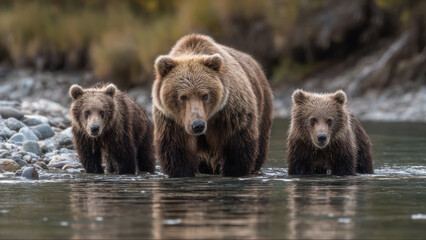 Obraz premium Bear family wades through serene river in forest setting, evoking sense of wilderness and nature beauty. halloween