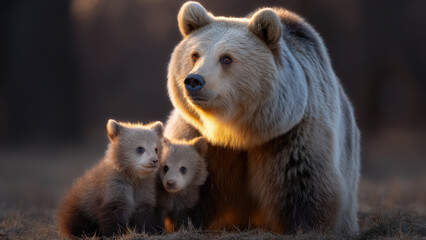 Obraz premium Bear with two cubs in serene forest setting captures heartwarming moment perfect for Halloween. halloween
