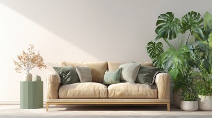 Sunlight illuminates a tan sofa with greenery, complemented by side table and vase decor
