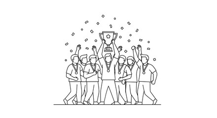 Obraz premium Winning Team Celebrates Victory: Group of Athletes Holding Trophy, Line Art Illustration, White Back