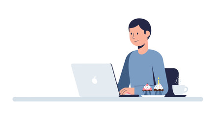 Man working on laptop at desk with cupcakes and coffee, flat illustration, white background