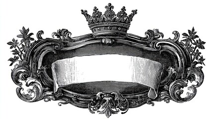 Ornate heraldic emblem with crown, banner, swirls, and leaves, on white background