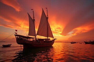 A stunning traditional wooden sailboat, likely an Indonesian Phinisi, sails on calm waters during a vibrant golden hour sunset, creating a breathtaking tropical seascape