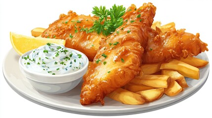 Golden-brown fish fillets, crispy fries, creamy sauce, and lemon wedge artfully arranged on a white plate against a stark white background