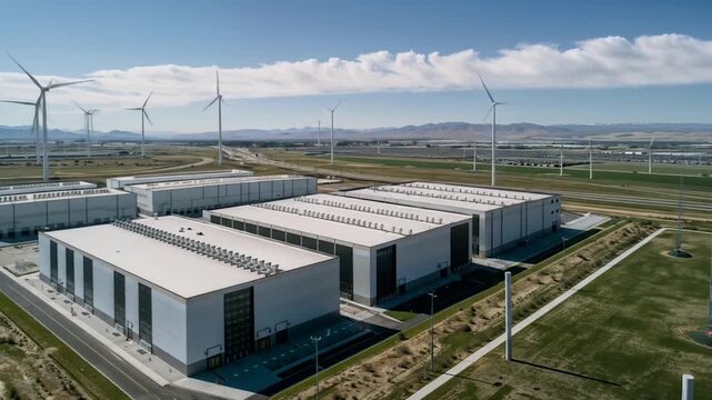 Modern renewable energy storage facility with massive battery systems surrounded by wind turbines under dramatic cloudy sky in sustainable power generation landscape