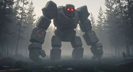 Ancient stone golem with glowing red eyes and runes emerges from a misty, dark forest.