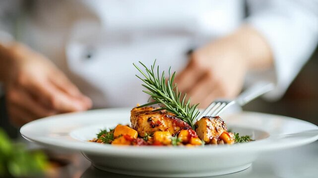 Halal food served at Islamic-themed restaurants. Chef garnishing a plate of gourmet food with herbs.	
