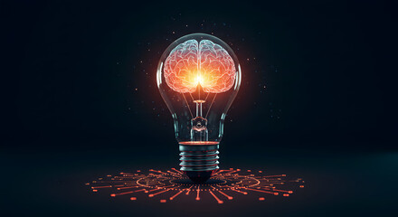 red brain inside light bulbs standing on dark background