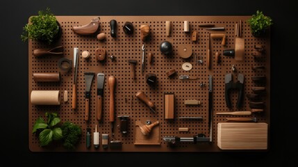 Organized artisan tools and supplies displayed on a pegboard
