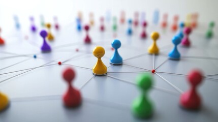 A vibrant, abstract network of interconnected pawns, representing a diverse community, teamwork, and social connections.