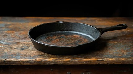Empty cast iron skillet on rustic wooden table
