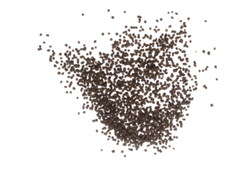Fertilizer brown chemical accelerate growth fly fall explosion, many tiny ball fertilizer for planting float throw in mid air. White background isolated high speed freeze motion