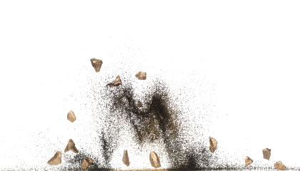 Gold ore nugget mix sand explode from Mining. Golden nugget ore grain powder explosion with sand stone gravel in gold Mining industry. White background Isolated throwing freeze stop motion
