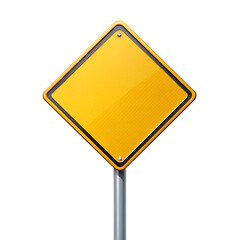 Blank yellow diamond shaped road signs on metal posts isolated on black