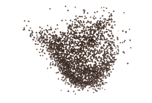 Fertilizer brown chemical accelerate growth fly fall explosion, many tiny ball fertilizer for planting float throw in mid air. White background isolated high speed freeze motion