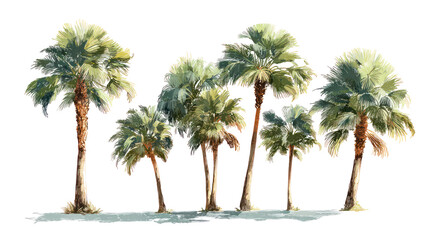 Artistic Illustration of Five Ornamental Palm Trees with Coconuts on Transparent Background
