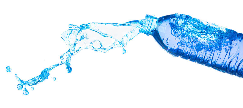 Drinking Water in Plastic Bottle fall fly in mid air, fresh water plastic bottle floating explosion. Fresh water plastic bottles pour throw in air. White background isolated freeze motion high speed