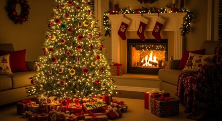 A christmas tree with lights and ornaments in a cozy living room with a fireplace and gifts around it