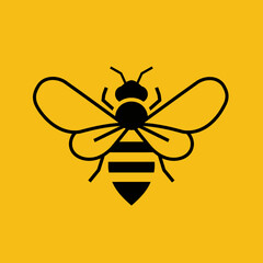 Bold Black Bee Silhouette with Curved Wings on Yellow Background