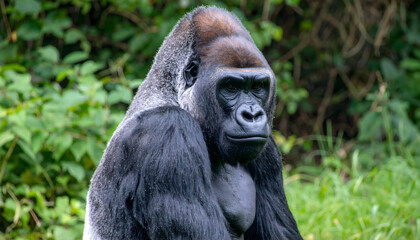 Close-Up Portrait of a Silverback Gorilla with Wet Coat Surrounded by Lush Greenery in Natural Habitat
