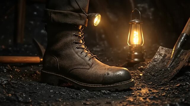 Worker?s boot in a dimly lit mine with tools nearby