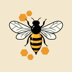 Stylized Bee with Honeycomb Elements on a Cream-Colored Background