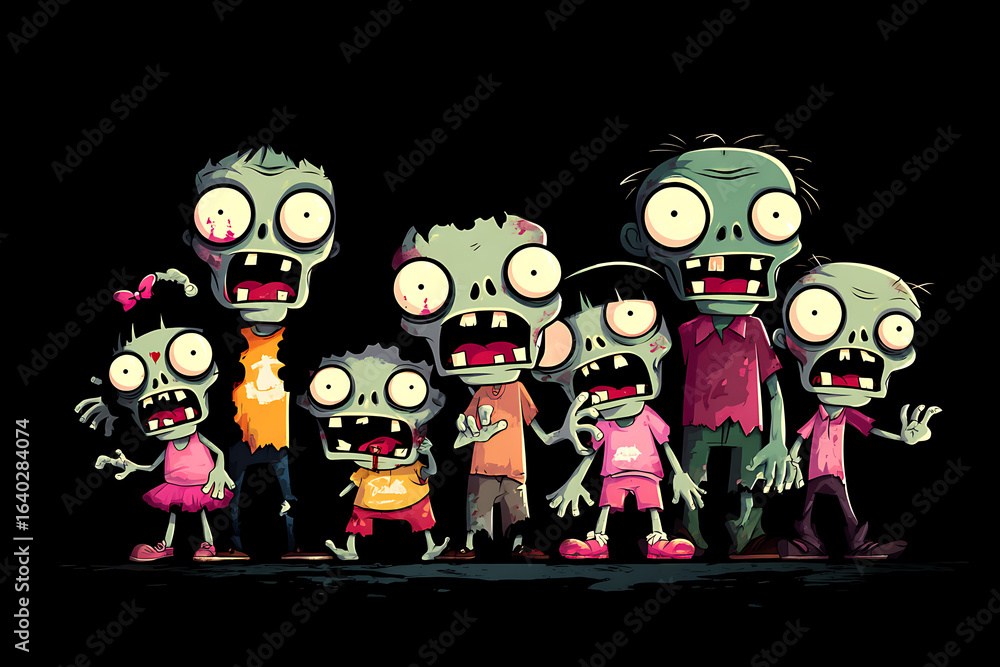 Poster group of cartoon zombies standing together with exaggerated features and expressions