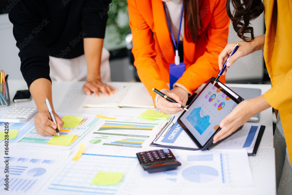 Poster business people talking discussing with financial document data charts and graphs team business meet