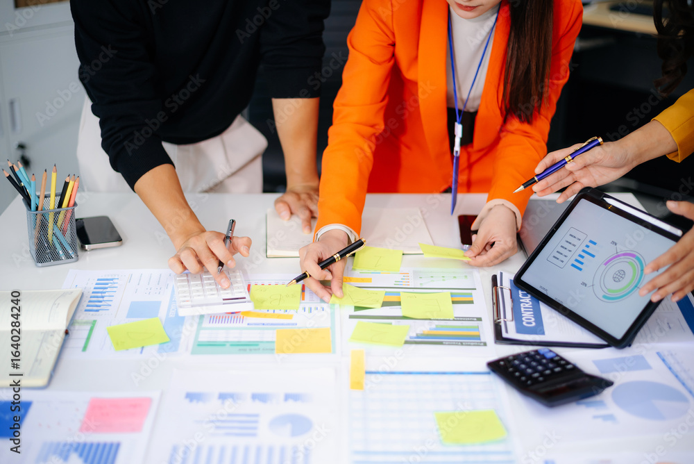 Poster business people talking discussing with financial document data charts and graphs team business meet