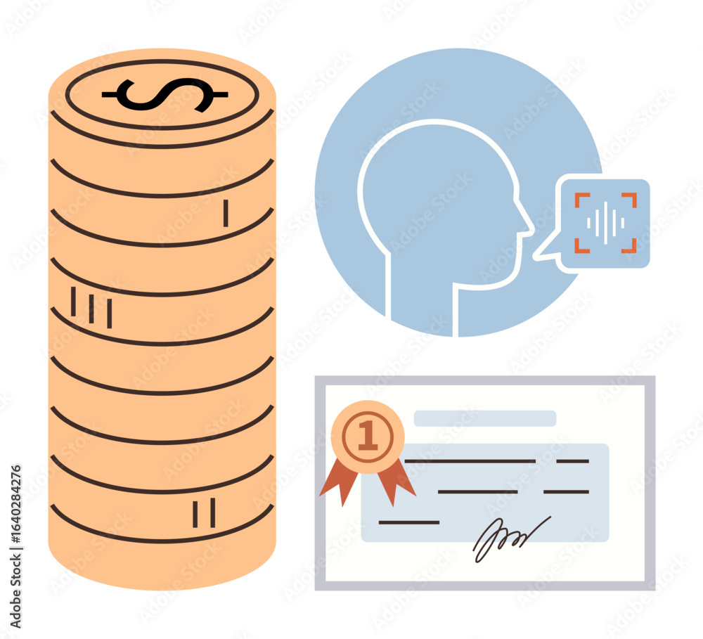 Aufkleber stack of coins, profile with speech recognition, and signed certificate with badge. ideal for educat