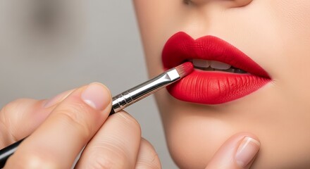 The Art of Perfection A Makeup Artist Applying Vibrant Red Matte Lipstick with a Precision Brush.