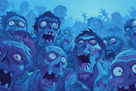 A chaotic scene of zombies with grotesque expressions in a dimly lit urban environment