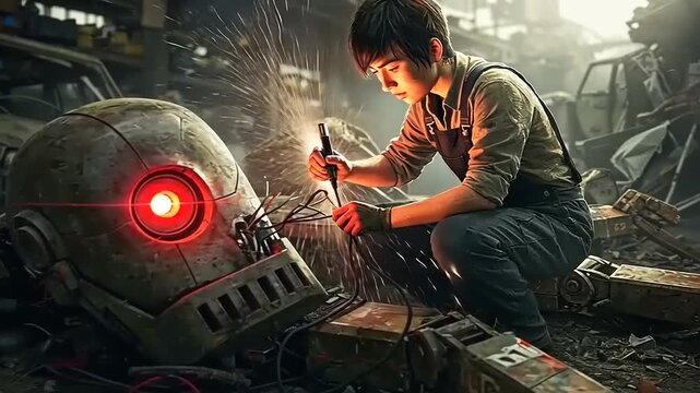 Young mechanic repairs robot in abandoned scrapyard