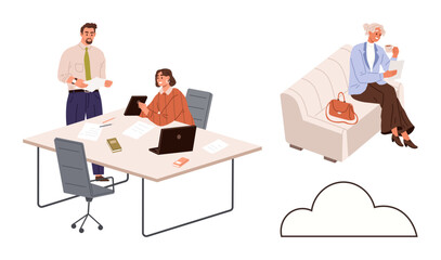 Two professionals working with documents and technology at an office table a woman seated separately reviewing papers. Ideal for teamwork, discussion, productivity, analysis, meeting, remote work