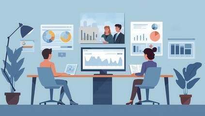 People working at desk with charts and graphs on monitors in a modern office environment setting