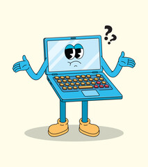 Cartoon Laptop Character Shrugging with Question Marks, Expressing Confusion