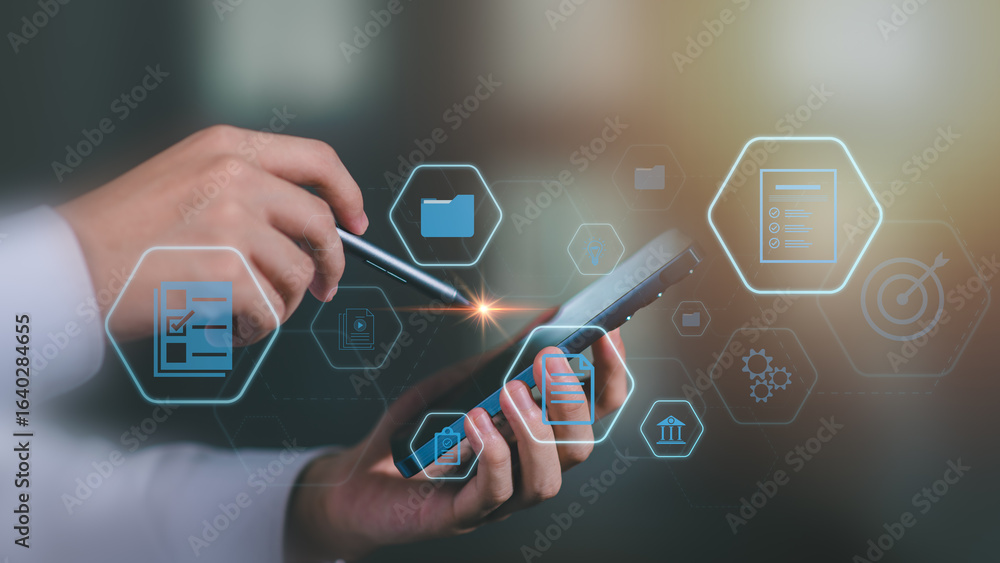Poster hand holding smartphone with digital document icons, representing mobile document management, paperl