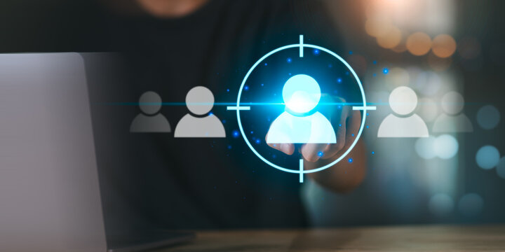 Target audience digital marketing and customer segmentation, Human icon in crosshair symbolizes precise user targeting, customer acquisition strategy, and personalized advertising solutions