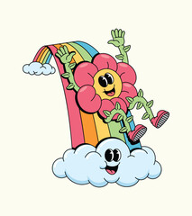 Happy Retro Flower Character Sliding Down Rainbow into Smiling Cloud