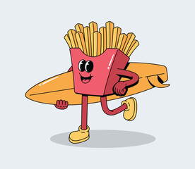Happy Cartoon French Fries Mascot Running with Surfboard on Isolated Background