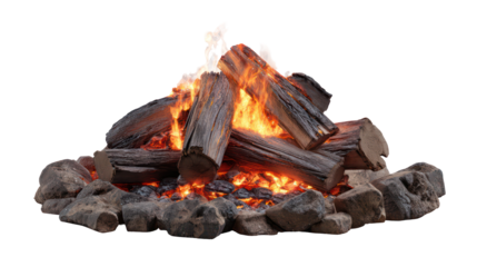 Campfire with Glowing Wood Logs and Embers on Transparent Background